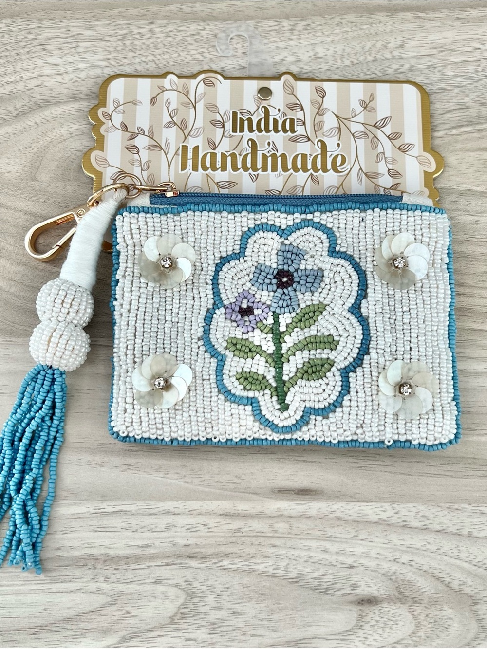 Beaded Floral Zipper Pouch With Tassel